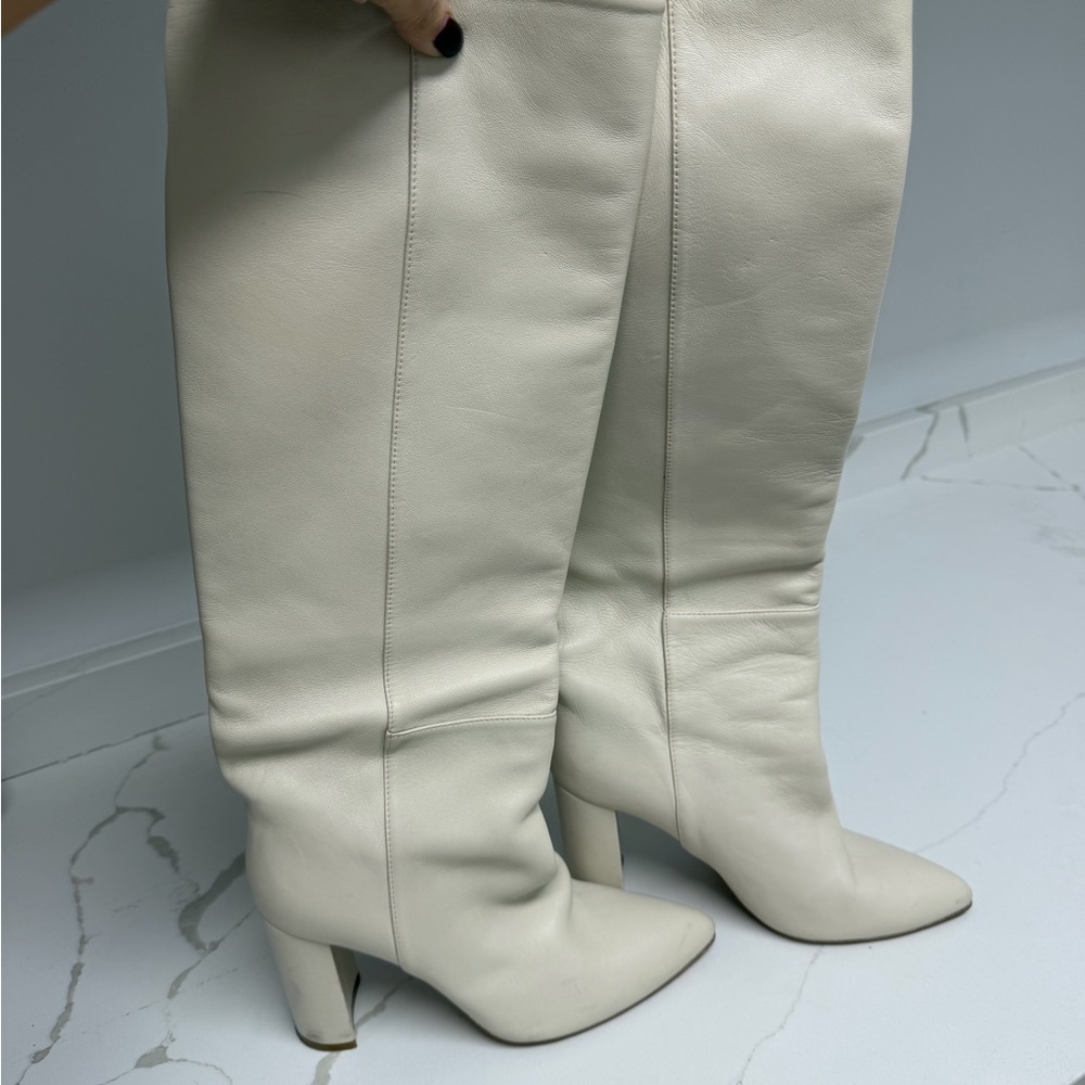 Toral Women's Cream Leather Heeled Boots knee high. Genuine leather